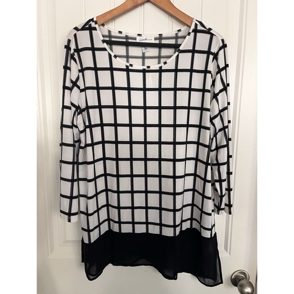 New Jaclyn Smith Large Black White Tunic Top Blouse Asymmetrical Stretch 093